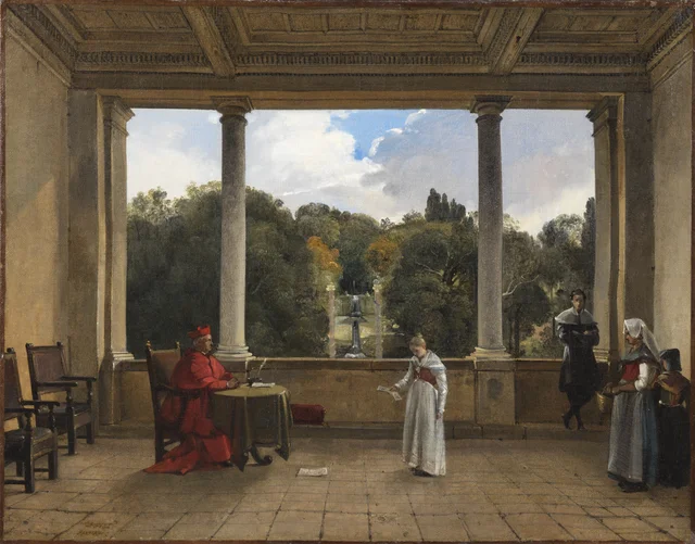 Audiência com o cardeal Aldobrandini na loggia da Villa Belvedere em Frascati, François Marius Granet