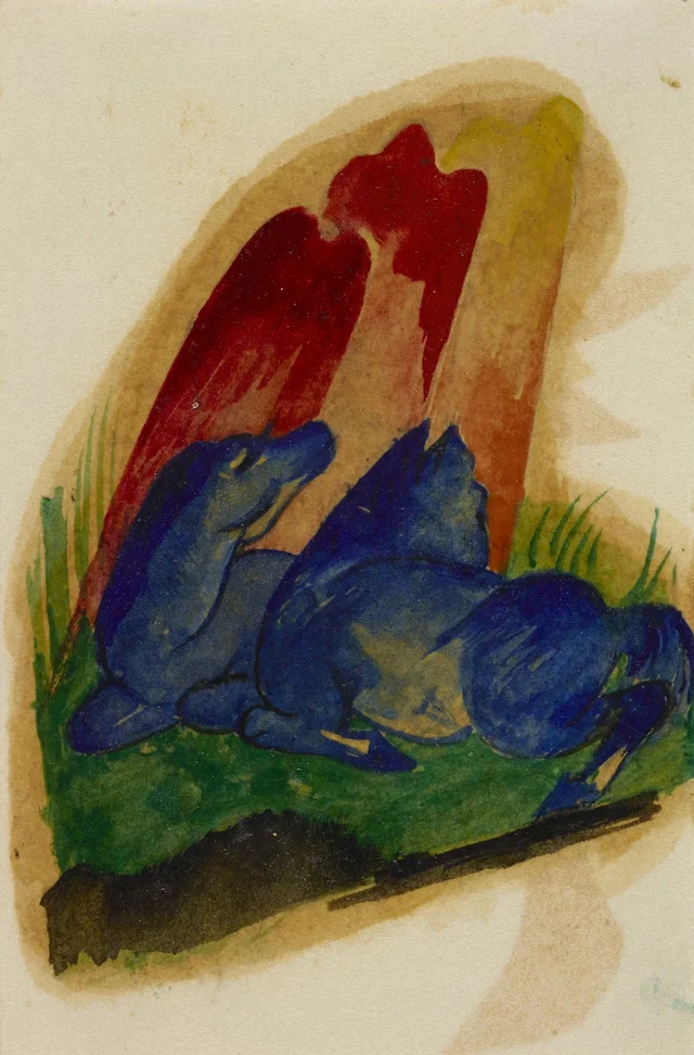 Dos caballos azules ante una roca roja, Franz Marc