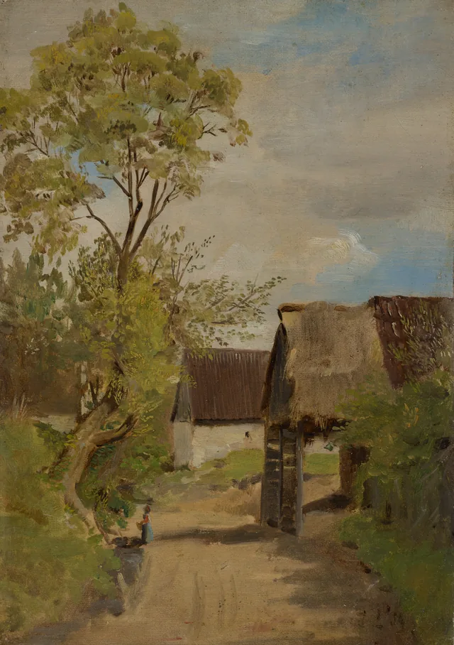 Rue de village à Aresing (?) avec une figure féminine