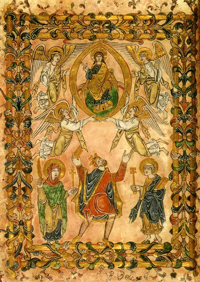 Refoundation charter of the New Minster, Winchester, f. 2v: King Edgar offering his charter to Christ