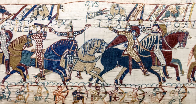 Tapiz de Bayeux, escena 55: Guillermo se levanta el casco para mostrarse a sus tropas, anonyme