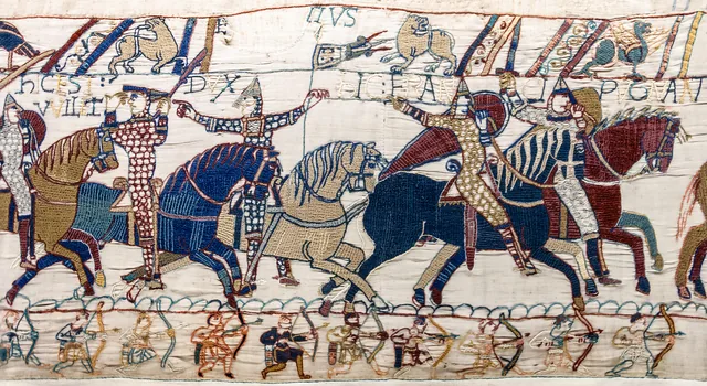 Bayeux Tapestry, scene 55: William raises his helmet to show himself to his troops