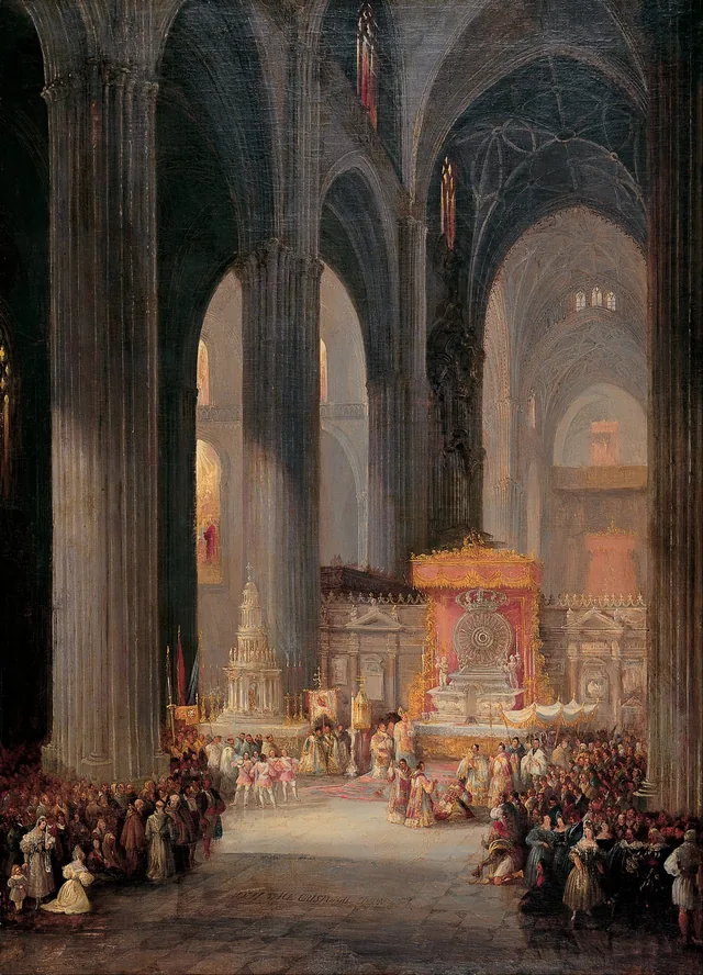 The Corpus Christi Procession inside Seville Cathedral, Genaro Pérez Villaamil
