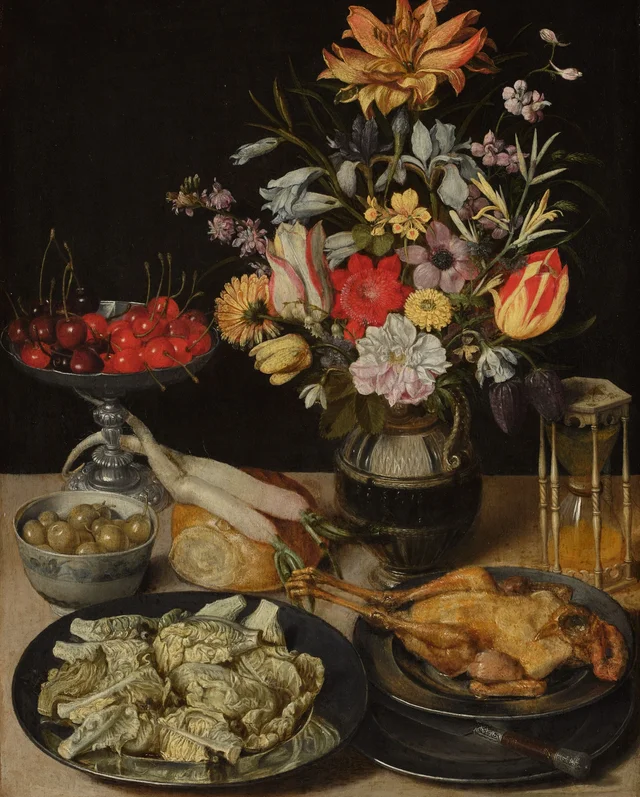 Nature morte aux fleurs et aux mets