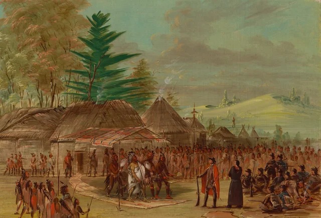 ラ・サールを迎えるタエンサ族のインディアンの首長。1682年3月20日