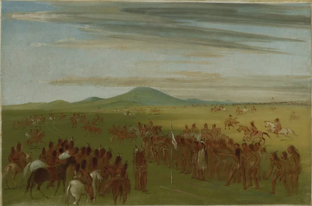 Corrida de cavalos em uma pista atrás da aldeia mandan