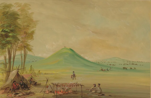 テキサスの大草原で野営する探検隊。1686年4月