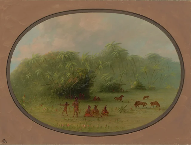 Índios e cavalos na floresta