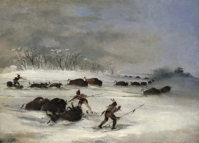Sioux Indians on Snowshoes Lancing Buffalo, George Catlin