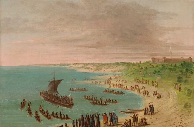 A expedição deixando o Forte Frontenac no lago Ontário. 18 de novembro de 1678