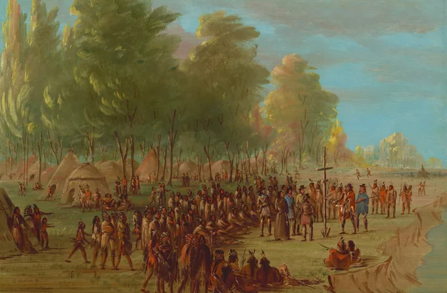 十字架を立てて土地の領有を宣言するラ・サール。1682年3月25日