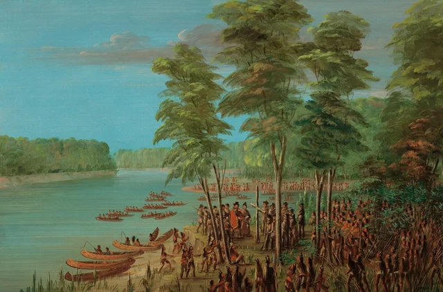 アーカンソー川の河口で土地の領有を宣言するラ・サール。1682年3月10日