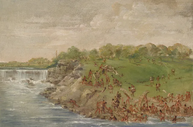 Ojibwa fazendo portagem em torno das cataratas de Santo Antônio