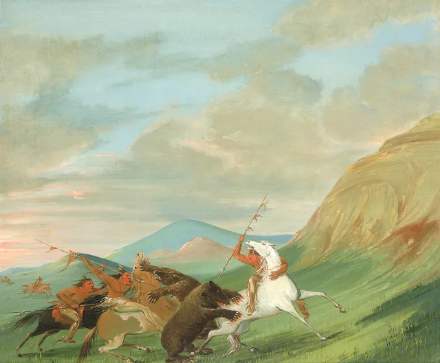 Ursos-pardos atacando índios a cavalo