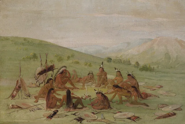 Grupo de guerra a pé em conselho, mandans