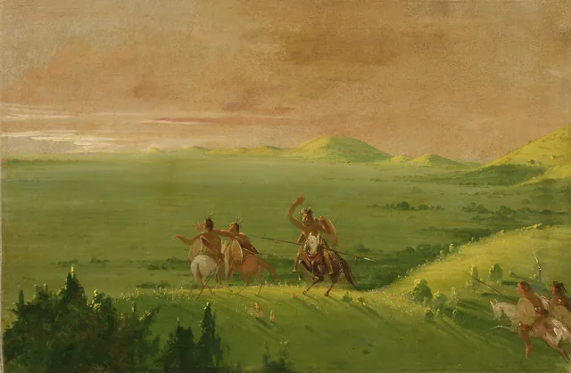 Grupo de guerra comanche, o chefe descobrindo o inimigo e instando seus homens ao nascer do sol