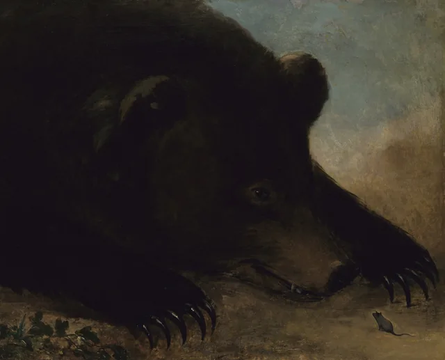Retratos de um urso grizzly e de um camundongo, em tamanho natural