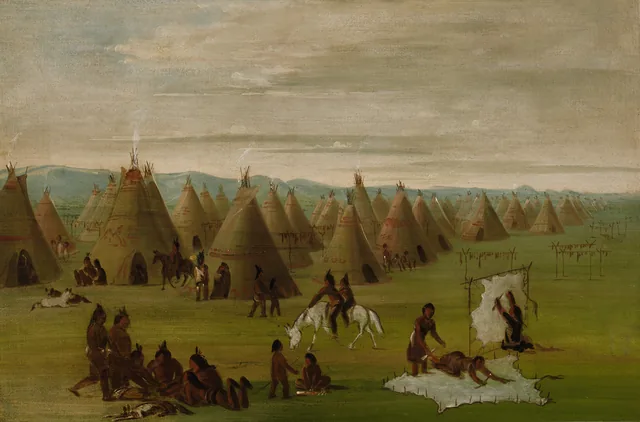 Village comanche, femmes apprêtant des robes et séchant de la viande, George Catlin