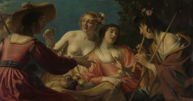 Berger jouant de la flûte et quatre nymphes, Gerrit van Honthorst