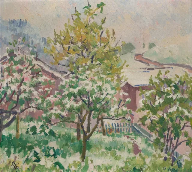 Arbres en fleurs dans la neige