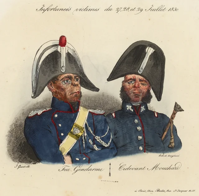 Infortunadas víctimas del 27, 28 y 29 de julio de 1830. Fallecido gendarme, antiguo soplón, Grandville