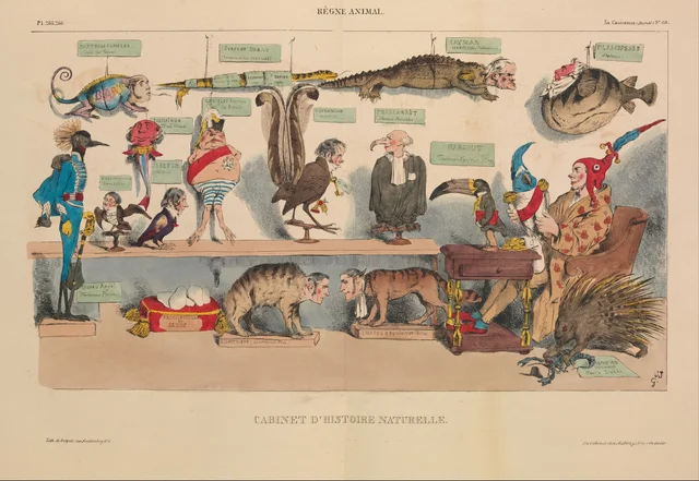 Animal Kingdom: Natural History Cabinet (Règne animal: Cabinet d'histoire naturelle), from La Caricature, plates 265 and 266, Grandville