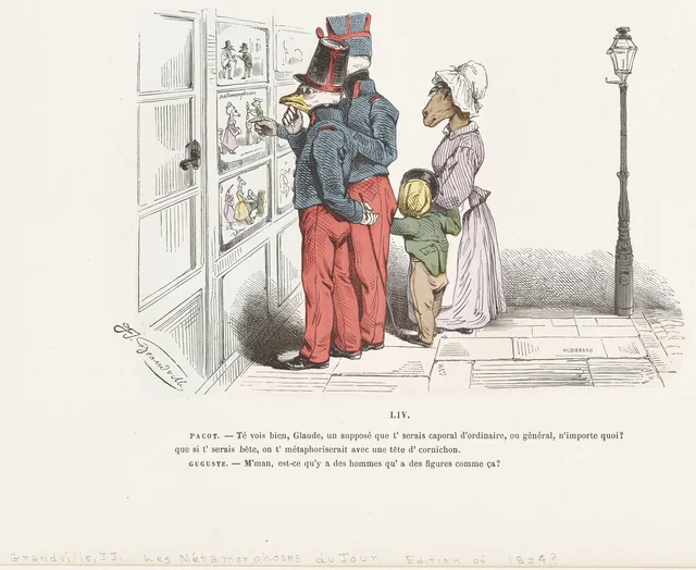 Pacot.-- Te vois bien, Glaude, un suppose que t'serais caporal d'ordinaire, ou general, n'importe quoi?/ que si t'serais bete, on t'metaphoiserait avec une tete d'cornichon qu' a des figures comme ca?...., Grandville
