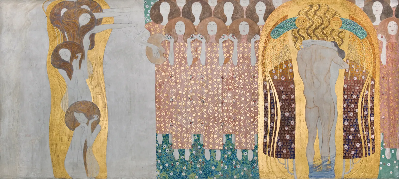 Beethoven Frieze (plate 8, right wall): Yearning for happiness is assuaged in poetry, Gustav Klimt