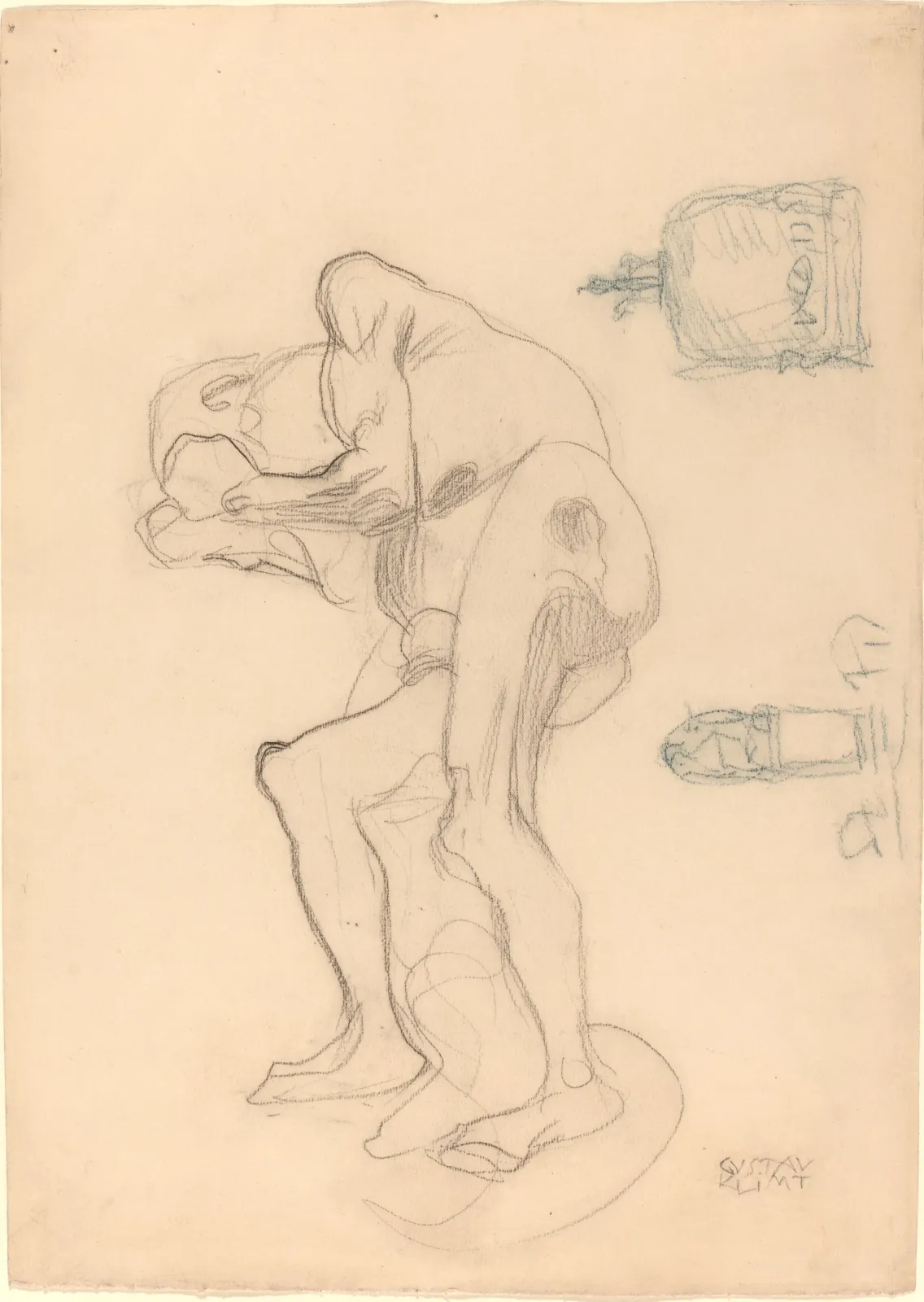 Study of a Nude Old Woman Clenching Her Fists, and Two Decorative Objects, Gustav Klimt