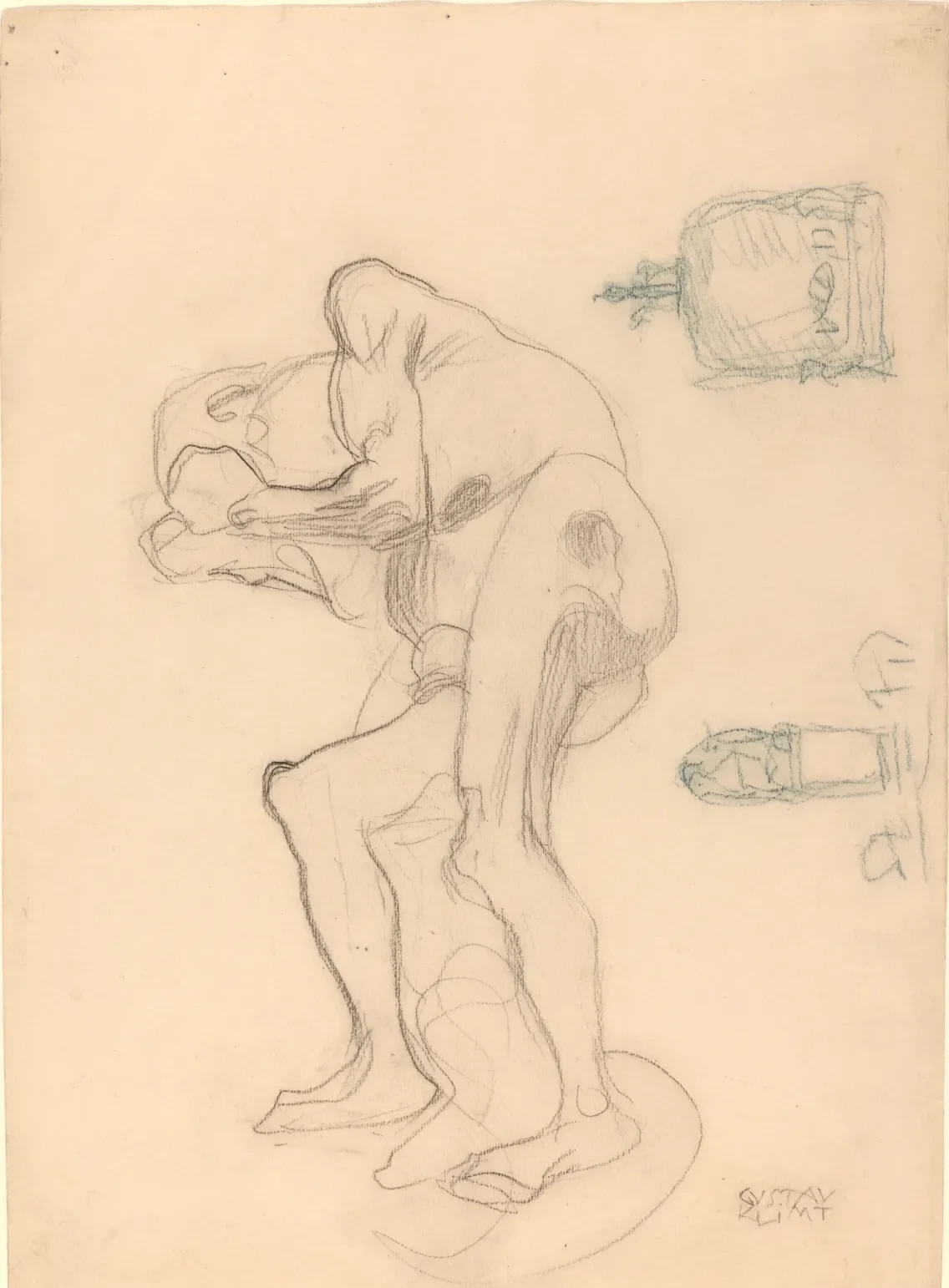 Study of a Nude Old Woman Clenching Her Fists, and Two Decorative Objects, Gustav Klimt