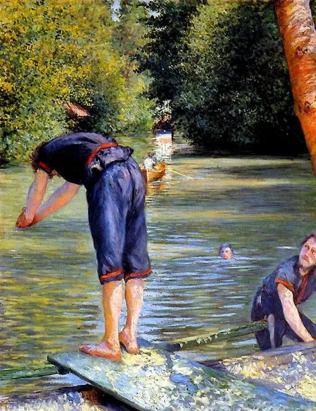 飛び込もうとする水浴の男