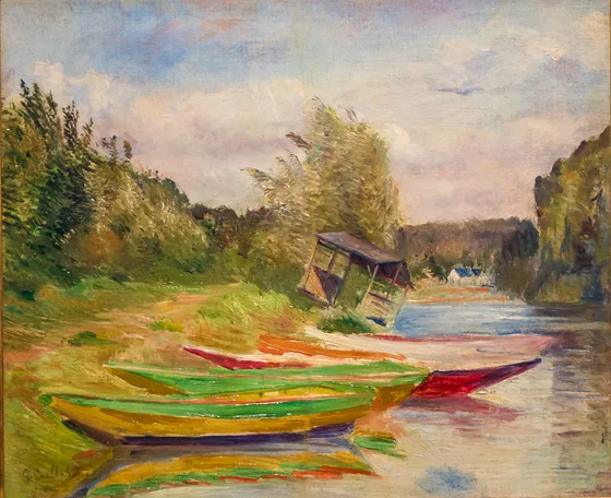 Barques et cabane, bord de Seine
