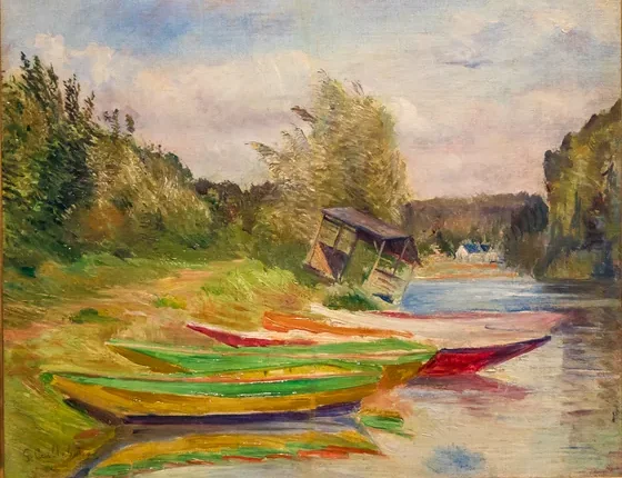Barques et cabane, bord de Seine