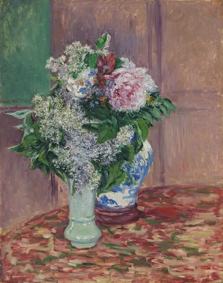 Lilas et pivoines dans deux vases