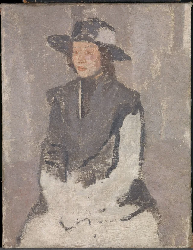 Femme assise au chapeau à larges bords