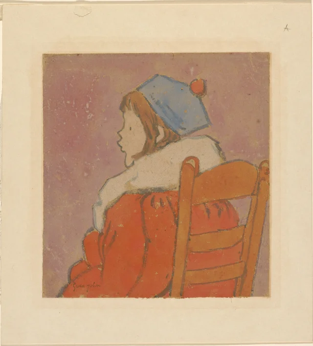 Petit profil (fillette assise en manteau rouge et chapeau bleu)