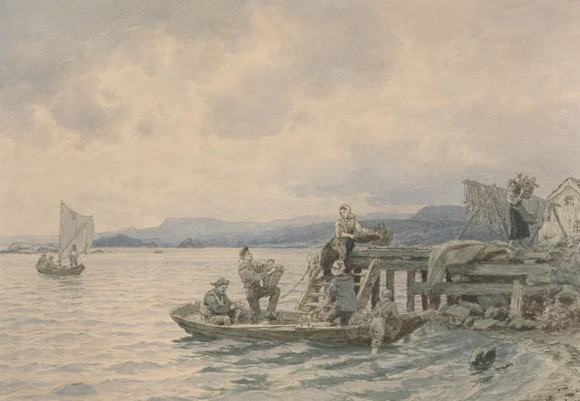 Pescadores en el muelle en el fiordo de Christiania