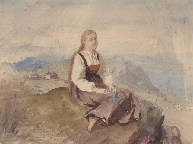 Muchacha en un paisaje de montaña