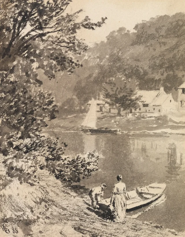 Paisaje con barcos y figuras, Hans Gude