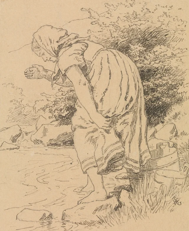 Temprano una mañana, hacia San Juan, aclaraba ropa en el arroyo, Hans Gude