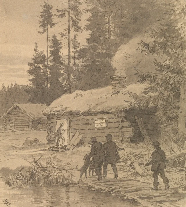 Pronto llegamos a la cabaña de pastoreo. El muchacho se había adelantado con los perros y había encendido un buen fuego en el hogar, Hans Gude