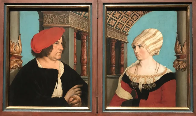 Double Portrait of Jacob Meyer zum Hasen and his Wife Dorothea Kannengiesser (interior panels); full coat of arms of Jacob Meyer on red ground (exterior of the male portrait), Hans Holbein le Jeune