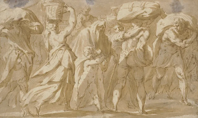 A Procession of Men, Women and Children Carrying Sacks and Baskets