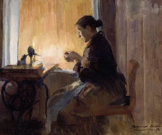Mulher costurando à luz de uma lamparina, Harriet Backer
