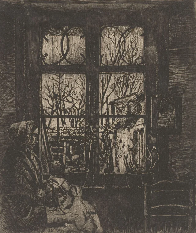 Intérieur avec une femme et un enfant assis devant une fenêtre fermée
