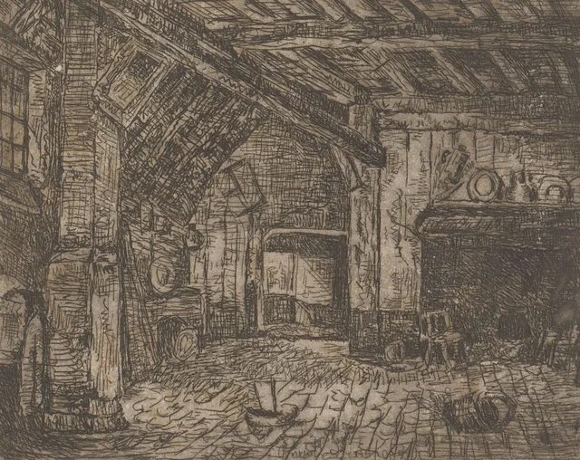 Interior with Hearth and Beamed Ceiling