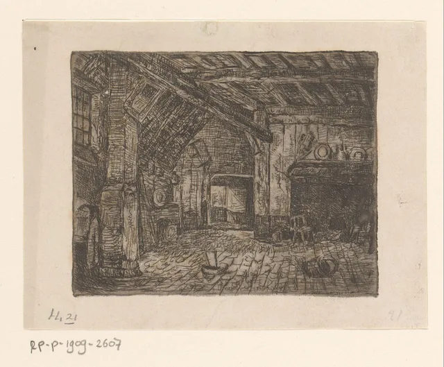 Interior com lareira e teto de vigas