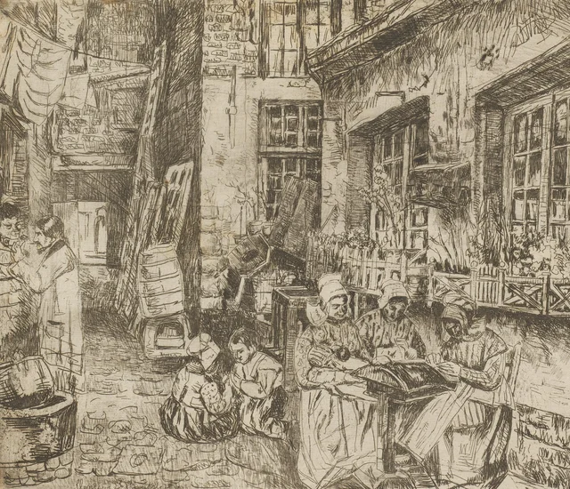 Calle con encajeras trabajando, Henri de Braekeleer