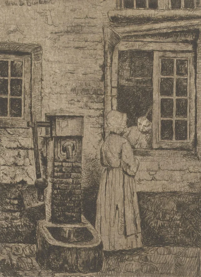 Dos niñas junto a una ventana y una bomba de agua, Henri de Braekeleer