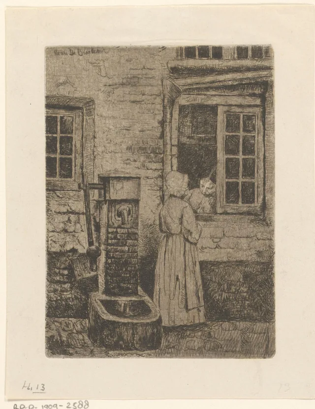 Two Girls at a Window and a Water Pump, Henri de Braekeleer